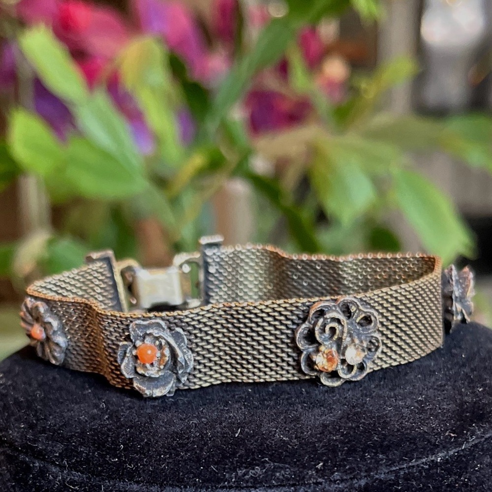 Elegant Floral Mesh Bracelet with Orange Accents
